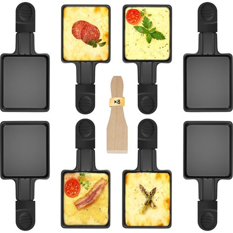 Coupelle Raclette Barbecue à Revêtement Anti-adhésif, Poêlon Raclette avec Poignée Anti-brûlure pour Fromage Fondu Oeuf Frit Pomme de Terre, Accessoires avec 8 Pcs Spatules en Bois (1/5)