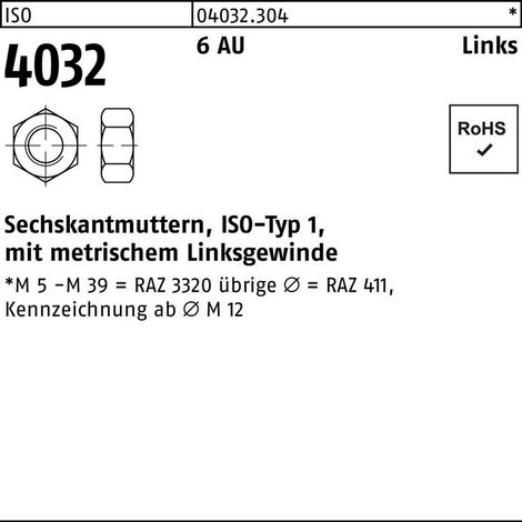 Sechskantmutter ISO 4032 links M 10 6 Automatenstahl