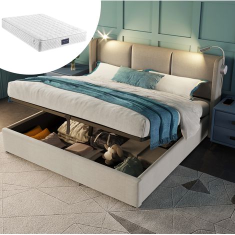 Cama arcón 140x200 cm de madera, lino beige, con USB y luz, para guardar, con colchón – MEUBLIV (1/5)