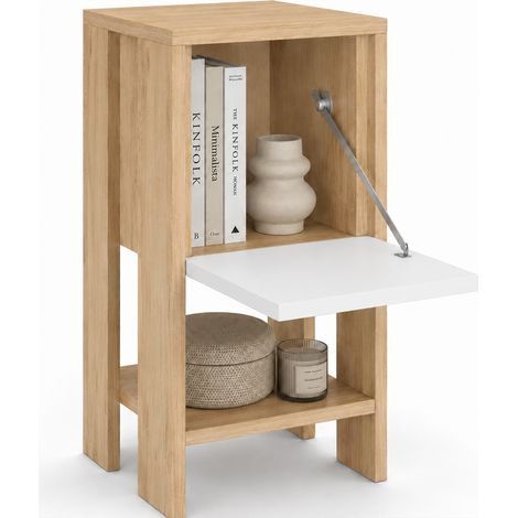 Comodino Mobiletto 2 Ripiani Anta Ribalta Tavolino Moderno Quercia e Bianco