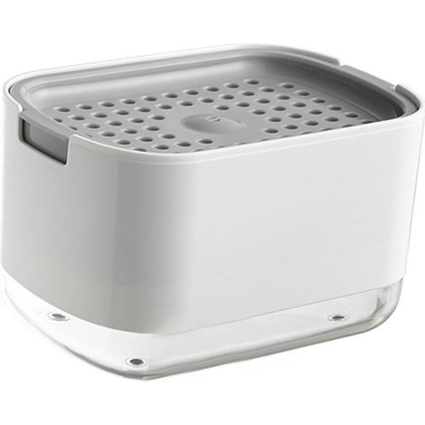 Distributeur de savon avec porte-éponge, boîte à savon à pression en PP et PET, pour nettoyage cuisine et chiffon, blanc (1/5)