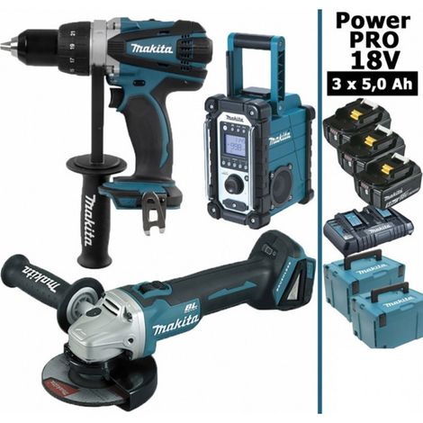 Pack Power PRO Makita 18V: Perceuse 91Nm DDF458 + Meuleuse 125mm DGA504 + Radio de chantier DMR108 + 3 batt 5Ah + 2 Coffrets (1/4)