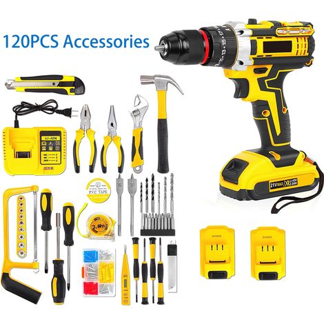 Perceuse-visseuse sans fil 21V, ensemble d'accessoires de 120 pièces, couple de 45 N.m, 25+3 réglages de vitesse, mandrin de 3/8 pouces, tournevis électrique