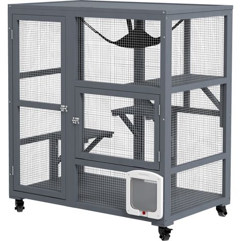 Cat House, Wooden Indoor Catio Cat Enclosure on Wheels, Wooden Kitty Cage  Platforms, Hammock, Light Grey (1/5)