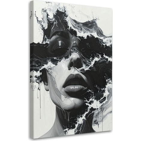 Quadro su tela, Ritratto di una donna in bianco e nero in stile artistico onde del mare, 20x30 (1/5)