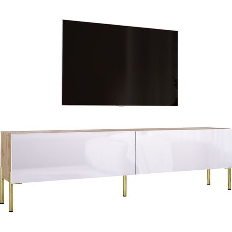 Meuble TV : Chêne Wotan / Blanc Brillant, pieds dorées, 170 × 52 × 32 cm (1/5)
