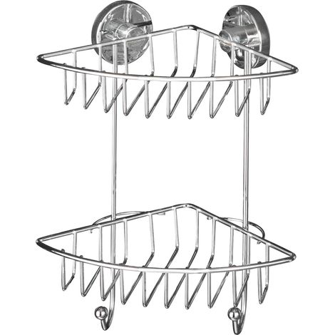 WENKO Mensola angolare per doccia da muro Bari, senza foratura, con 2 cestini angolari, fissaggio senza foratura Vacuum-Loc®, riposizionabile senza lasciare tracce, in acciaio, 22,5x29,5x16 cm, cromat (1/5)
