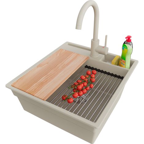 PRIMAGRAN Evier Cuisine en Granit 48x53cm,Lavabo 1 bac + Robinet 32x20cm + Kit de Vidage + Accessoires, Évier à Encastrer au meuble 50cm - Oslo Pocket, Beige (1/5)