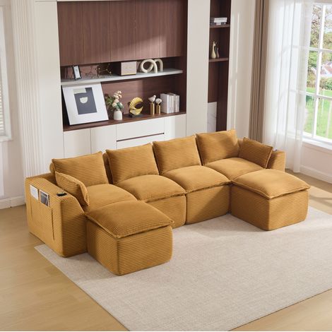 FloraGrace Canape modulable 4 places, 322 x 161 x 75 cm, corduroy orange, poches laterales (1/5)