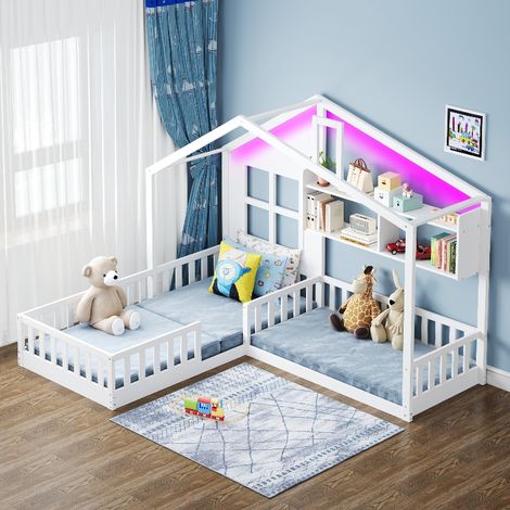 Hausbett Kinderbett 90x200 cm mit Rausfallschutz, Regal und LED-Beleuchtung, Bodenbett aus Massivholz für Mädchen und Jungen, Weiß (1/5)