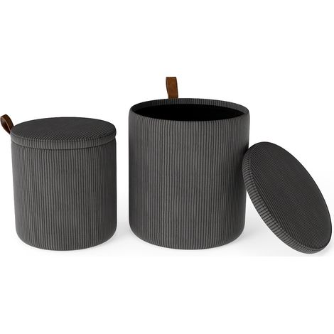 Set di pouf rotondi con contenitore, impilabili, in velluto a coste, grigio