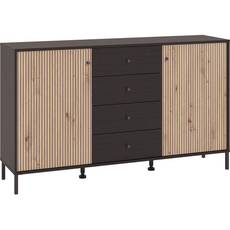 Home Heavenly® - Aparador TANIA con 4 cajones, puerta y estante interior color ébano y roble artisan 93x157x40 cm. Color: Ébano - Roble Artisan