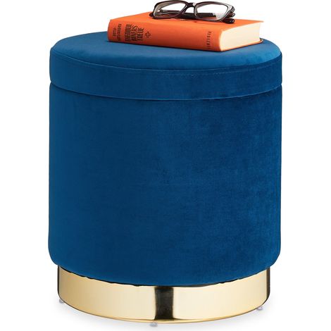 Relaxdays Storage Ottoman, with Lid, Cushioned Seat Stool, Modern Seat Cube, Footrest, H x T: 41.5 x 37 cm, Blue/Gold