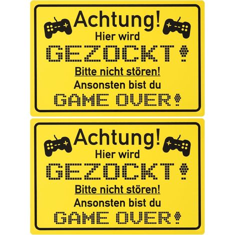 Panneau avec "Attention Ici on GEZOCK", 2 pcs, 1 mm PVC, 30 x 20 cm, article humoristique pour les joueurs de jeux vidéo, panneau amusant avec GAME OVER (1/5)
