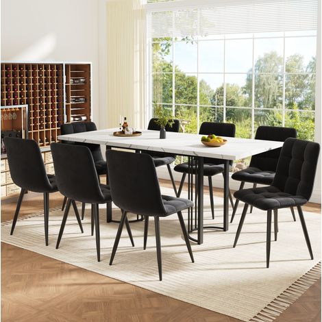 Set da pranzo con tavolo allungabile e 8 sedie in MDF e metallo nero/bianco, sedute in velluto, tavolo 140-179,5x80 cm (1/5)