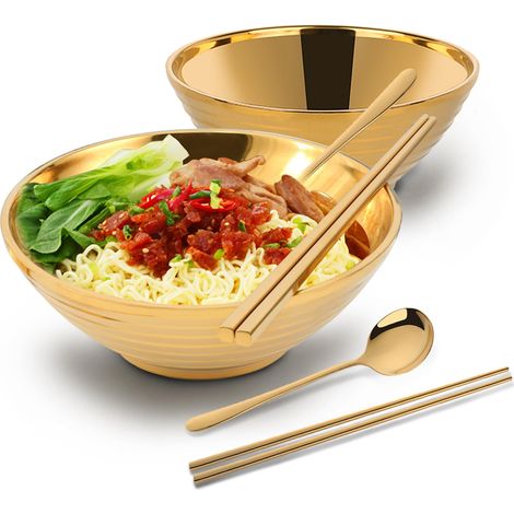 Lot de 6 bols à ramen en acier inoxydable 304, antidérapants, avec cuillère et bâtonnets à chops, bol à céréales multifonction pour fruits, salade, noodle - Doré (1/5)
