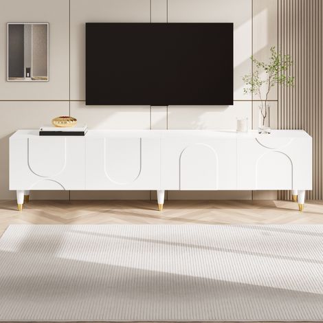 Mueble tv 180 x 40 x 50 cm relieve de arco asimétrico, 4 puertas, patas de madera maciza - aparador bajo moderno de salón - estilo moderno - mdf - blanco (1/5)