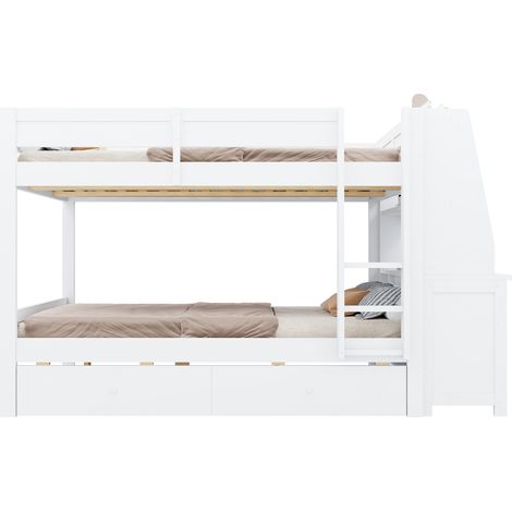 Lit superposé 140 x 200 cm blanc avec bureau, rangements latéraux réversibles, étagères et 2 tiroirs, structure bois et métal, CHICFURN (1/5)