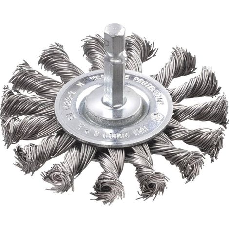 Brosse à disque grossière, torsadée, fil d'acier HSS, Ø 70 mm pour métal et pierre, brosse métallique pour perceuse, y compris tige hexagonale E6.3, pour dérouiller, décalaminer (1/3)