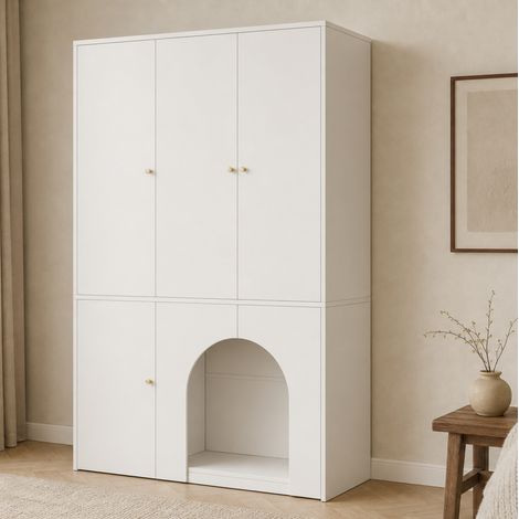 Armoire de chambre 3 portes 120 x 50 x 200 cm avec tringle, blanche, design cintré DESVIAE (1/5)