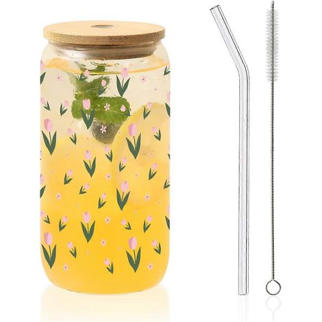 Tasses verre avec couvercles, pailles, motif fleurs papillon bleus, mug isotherme café glacé, cadeau Saint-Valentin/anniversaire (Fleurs06) (1/5)