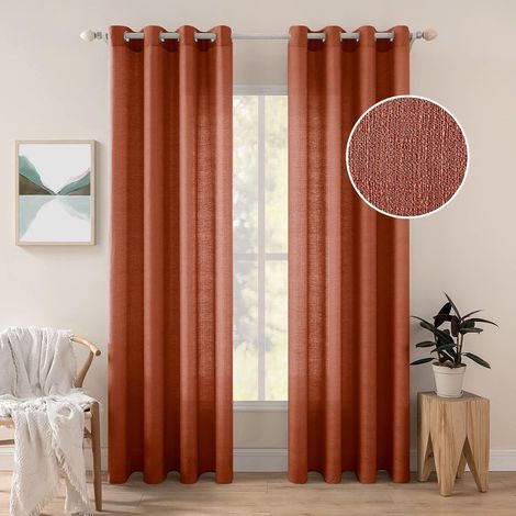 2 Panneaux Rideaux Lin Semi-Trans Oeillet 140x160cm Rouge Brique Rideaux imitation lin semi-transparents à oeillets, décoration élégante pour chambre salon balcon (1/5)