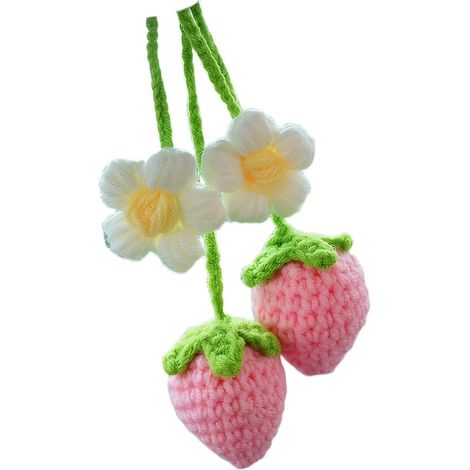 2-teiliges gehäkeltes Auto-Ornament mit Erdbeeren und Blumen, niedliche Rückspiegel-Accessoires, handgefertigte Auto-Innendekoration, Ästhetik, LKWs, Aufhänger, dekorative Ornamente, geeignet für Frau