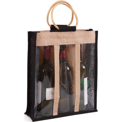 Portabottiglie triplo in juta nero, 30x10x35 cm (kit da 5)