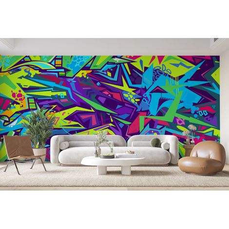 Papier peint graffiti - lettrages urbains bleu et vert - 150 x 250 cm (1/2)