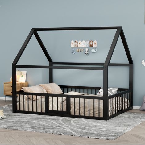 Cama casita de metal negro 140x200 cm, estructura resistente con barandillas de seguridad (1/5)