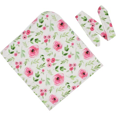 Couverture d'emmaillotage ultra douce à motif floral pour nouveau-né, avec bandeau pour les cheveux (6) (1/5)