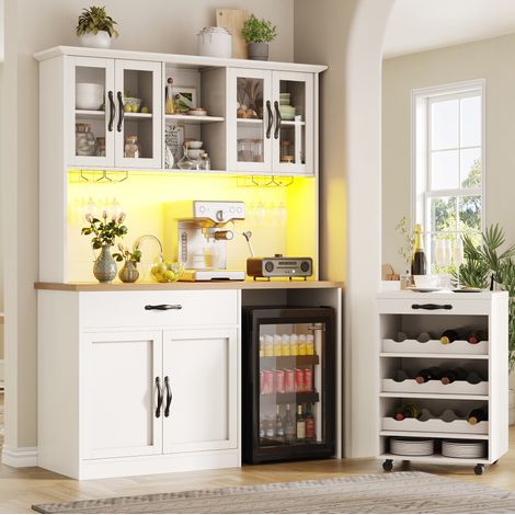 Credenza alta 140 x 38 x 180 cm con LED, cassetti, portabottiglie e ruote HAVRYA (1/5)