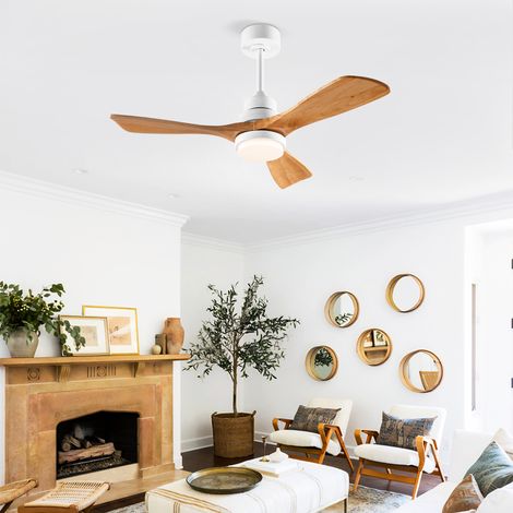 Ventilateur de plafond 45 pouces bois avec lumière et télécommande, 3 pales. Design blanc et bois adapté patio et salon