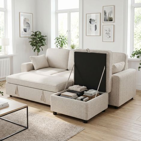 Canapé d'Angle Convertible en Chenille, Canapé-Lit 3 Places Modulaire 225 cm avec Pouf, Beige (1/5)
