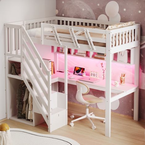 Letto a soppalco singolo con scala contenitore, scrivania, USB e LED, 90 × 200 cm, senza materasso