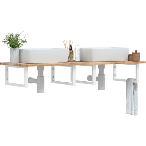 Étagère murale pour vasque 120 x 50 cm en bois massif d’acacia et acier blanc, 4 supports - PANGIVO (1/5)
