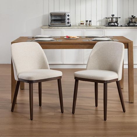Esszimmerstühle 2er Set, Polsterstühle mit Holzbeinen, Leinenbezug, Beige (1/5)