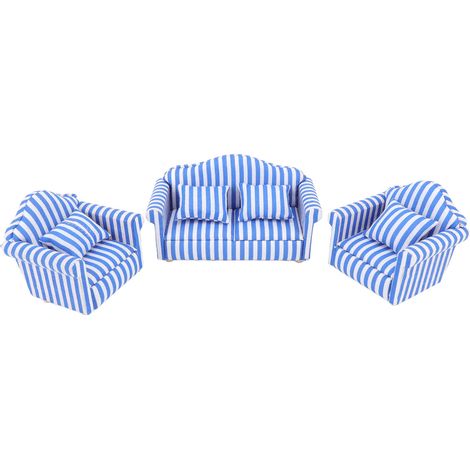 Canapé miniature 3 pièces pour maison de poupée 1:12 : canapé double + 2 fauteuils en pin et tissu, rayures bleu clair. (1/5)