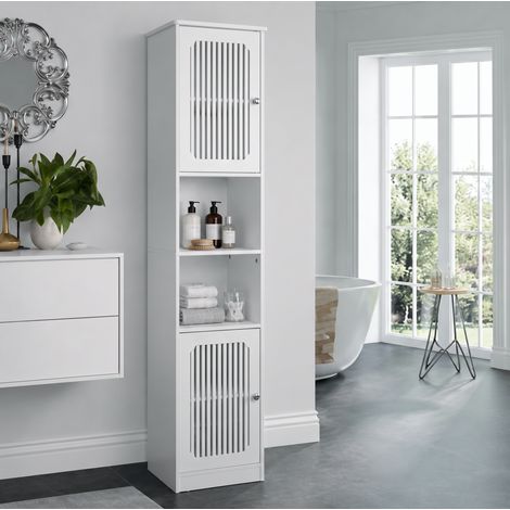 Armoire de salle de bain haute 163 cm blanche avec étagères réglables, portes à lamelles, MDF et particules (1/5)