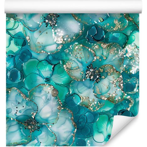 Papier peint encre turquoise, vert d'eau, céladon et menthe 50x1000 cm (1/5)