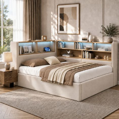 Lit banquette rembourré 140x190 cm avec rangement hydraulique, LED, ports USB-C, dossier confortable et revêtement velours - Beige (1/5)