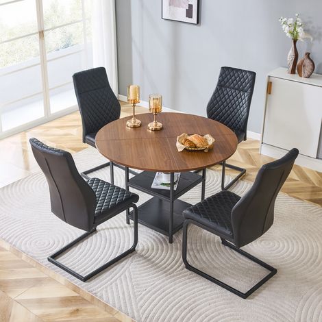 Conjunto de mesa redonda y sillas 107 cm, 4 plazas, MDF y metal, negro y nogal OKMYHOME (1/5)