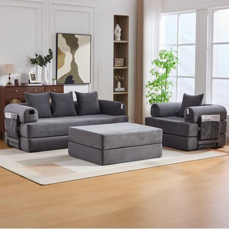 Divano modulare in velluto a coste grigio scuro con ottomano, telaio in metallo, 200 x 190 x 67 cm (1/5)