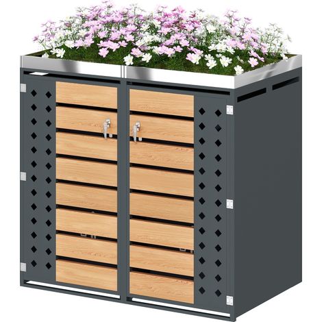 Cache-poubelles Extérieur 2 Compartiments avec Jardinière en Acier Galvanisé Gris Effet Bois Portes Verrouillables (1/5)