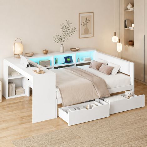 MEUBLIV Letto 140x200 cm bianco – contenitori, LED e stazione di ricarica, senza materasso (1/5)