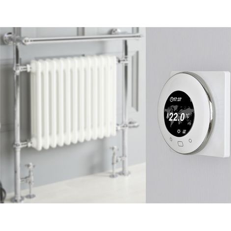 Milano Elizabeth 930mm x 790mm Floorstanding Chrome and White Dual Fuel Electric Heated Towel Rail Radiator with Overhanging Rail and Angled Valves - With Wi-Fi Thermostat & Cable Cover (1/5)