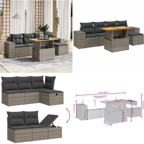 Salon de jardin 6 pcs avec coussins gris résine tressée - Ensemble Salon De Jardin - Mobilier Extérieur - Résine Tressée - Rotin Synthétique - Table Extensible - Home & Living (1/5)