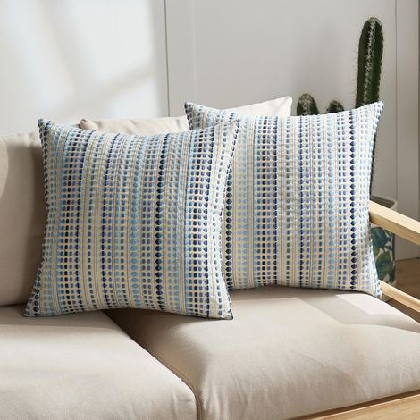 Lot de 8 Housse de Coussin en Chenille à Rayures Style Boho, 40x40cm Bleu, Housse Décorative pour Canapé Salon (Sans coussin) (1/5)