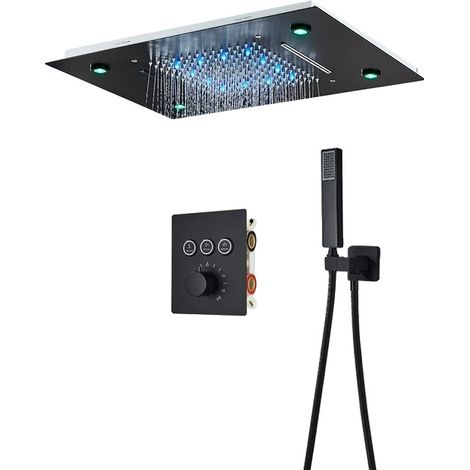Robinet de douche, Contrôle thermostatique, Douchette LED, Ensemble Noir Mat (1/2)