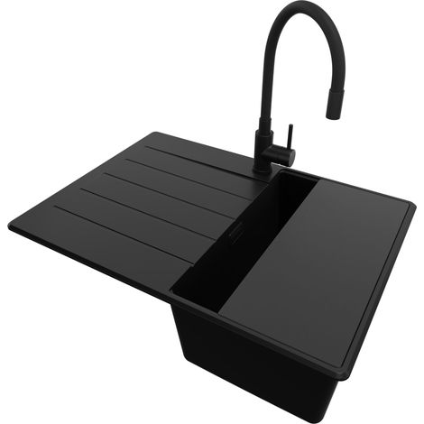 PRIMAGRAN Evier Cuisine en Granit 70x50cm, Lavabo 1 bac + Kit de Vidage + Accessoire, Évier à Encastrer au meuble 40cm - Copenhague, Tout Noir (1/5)